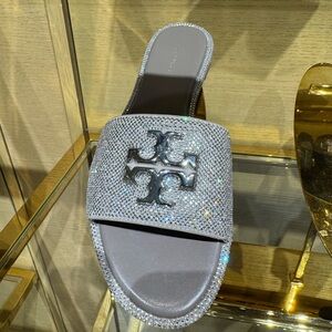 Tory Burch Everly Slide Sandals Calf Leather Crystal Design